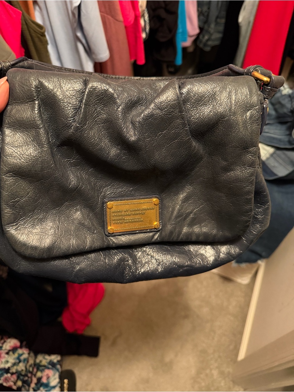 Marc By Marc Jacobs Navy Leather Flap Shoulder Bag with Brass Plaque